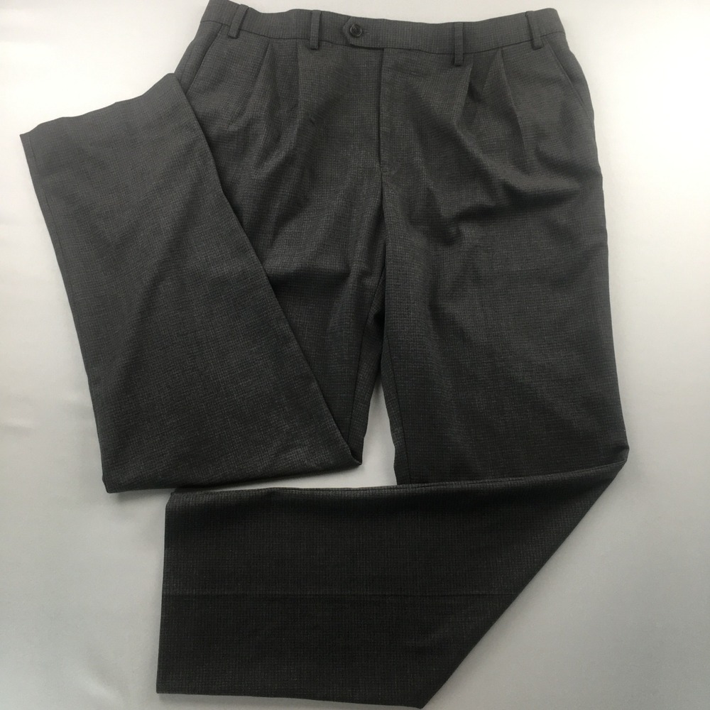 Ralph Lauren Dress Pants Men 36x32 Gray Pleated Micro Check Stretch Trousers